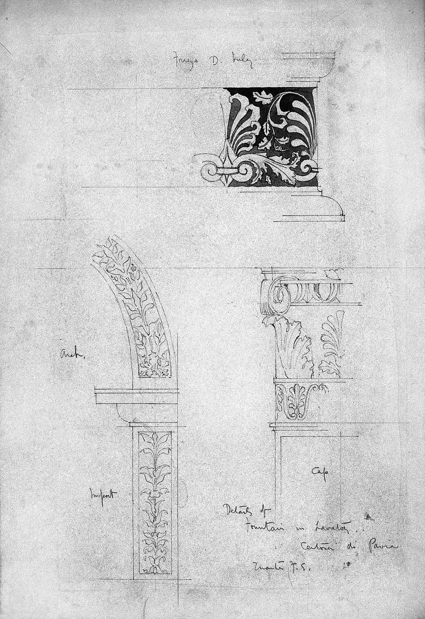 Szczegóły fontanny w toalecie, Certosa di Pavia, 1891 (ołówek i szare pranie na papierze) autorstwa Charles Rennie Mackintosh