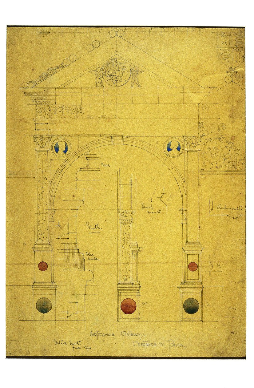 Brama wejściowa, Certosa di Pavia, 1891 (ołówek i akwarela na papierze) autorstwa Charles Rennie Mackintosh