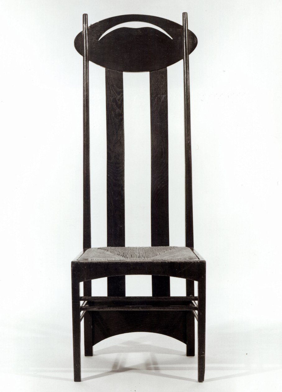 Krzesło z wysokim oparciem, ok. 1897 (ciemny dąb bejcowany z siedziskiem trzcinowym i owalnymi otworami z tyłu) autorstwa Charles Rennie Mackintosh