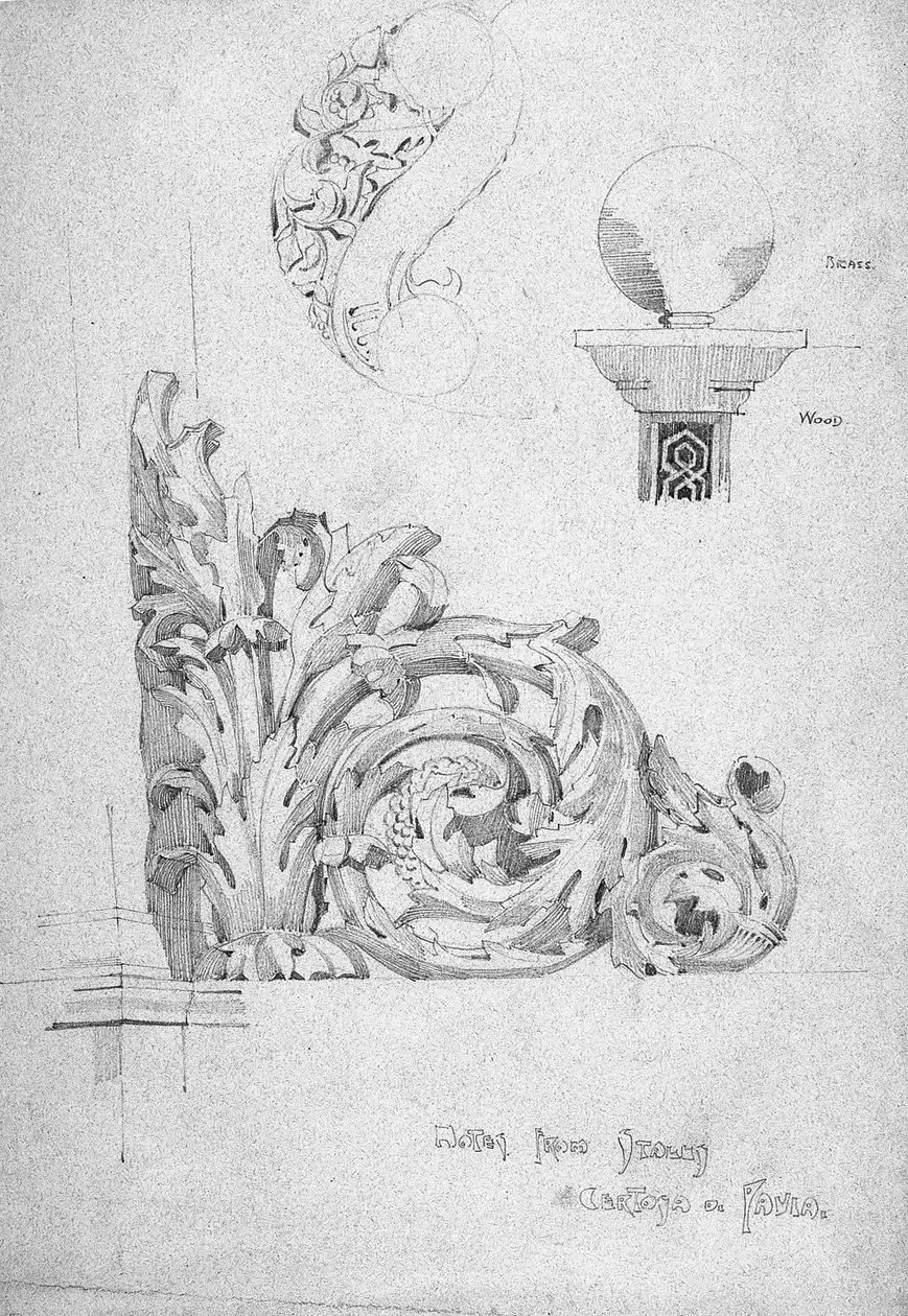 Notatki z Włoch [sześć], Certosa di Pavia, 1891 (ołówek na niebieskim papierze) autorstwa Charles Rennie Mackintosh