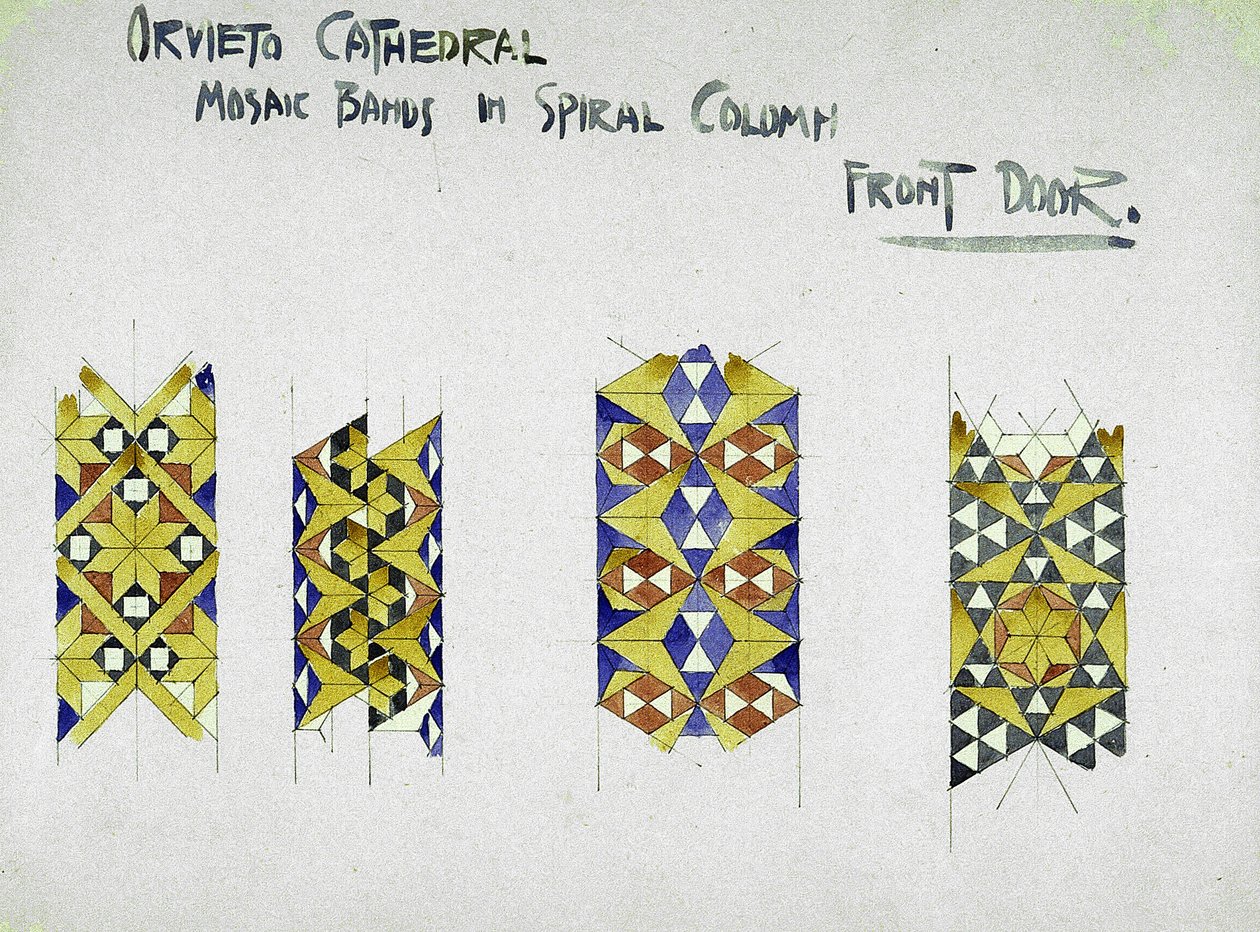 Katedra w Orvieto, pasma mozaiki w spiralnej kolumnie, drzwi wejściowe, 1891 (ołówek i akwarela na papierze) autorstwa Charles Rennie Mackintosh