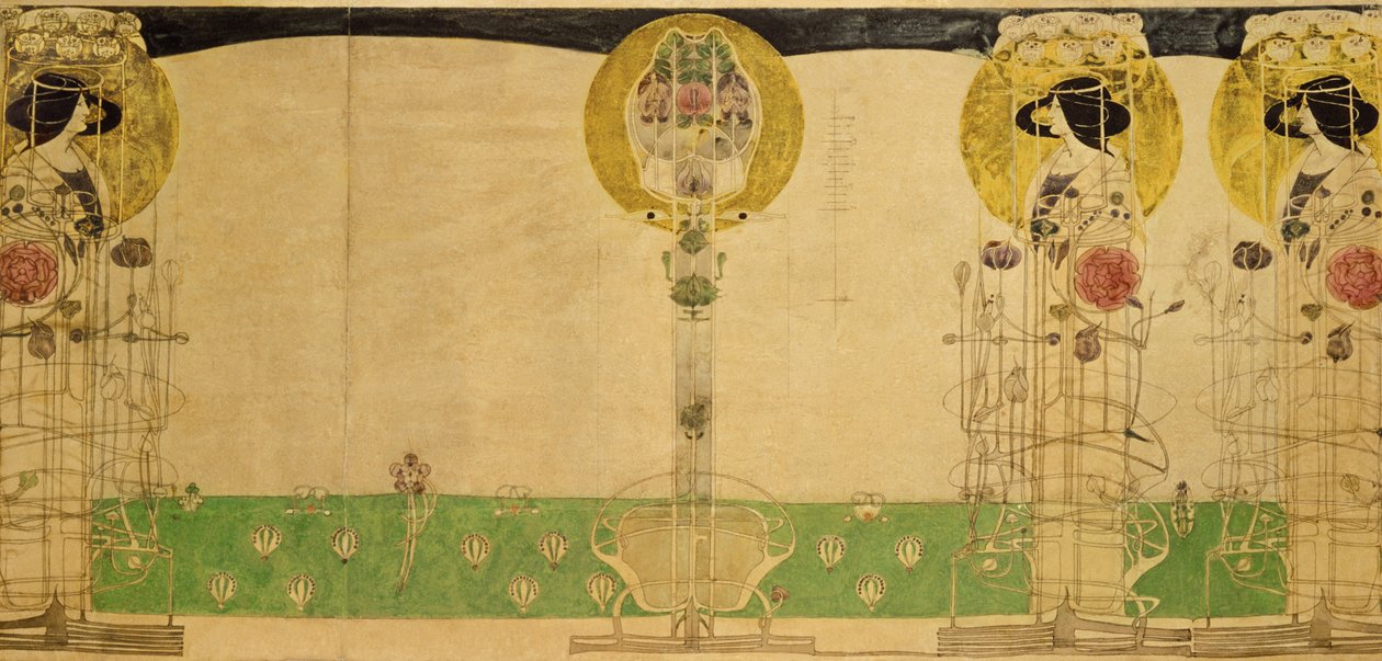 Wstępny projekt dekoracji ściennej pokoju na pierwszym piętrze Buchanan Street Tearooms Miss Cranston, 18967 (ołówek i wc na kalce technicznej) autorstwa Charles Rennie Mackintosh