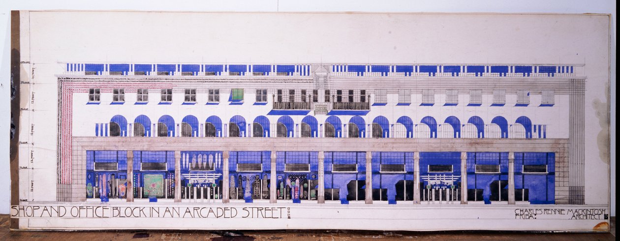 Niezapisane wcześniej rysunki architektoniczne sklepu i ulicy arkadowej, ok. 1915 r. autorstwa Charles Rennie Mackintosh