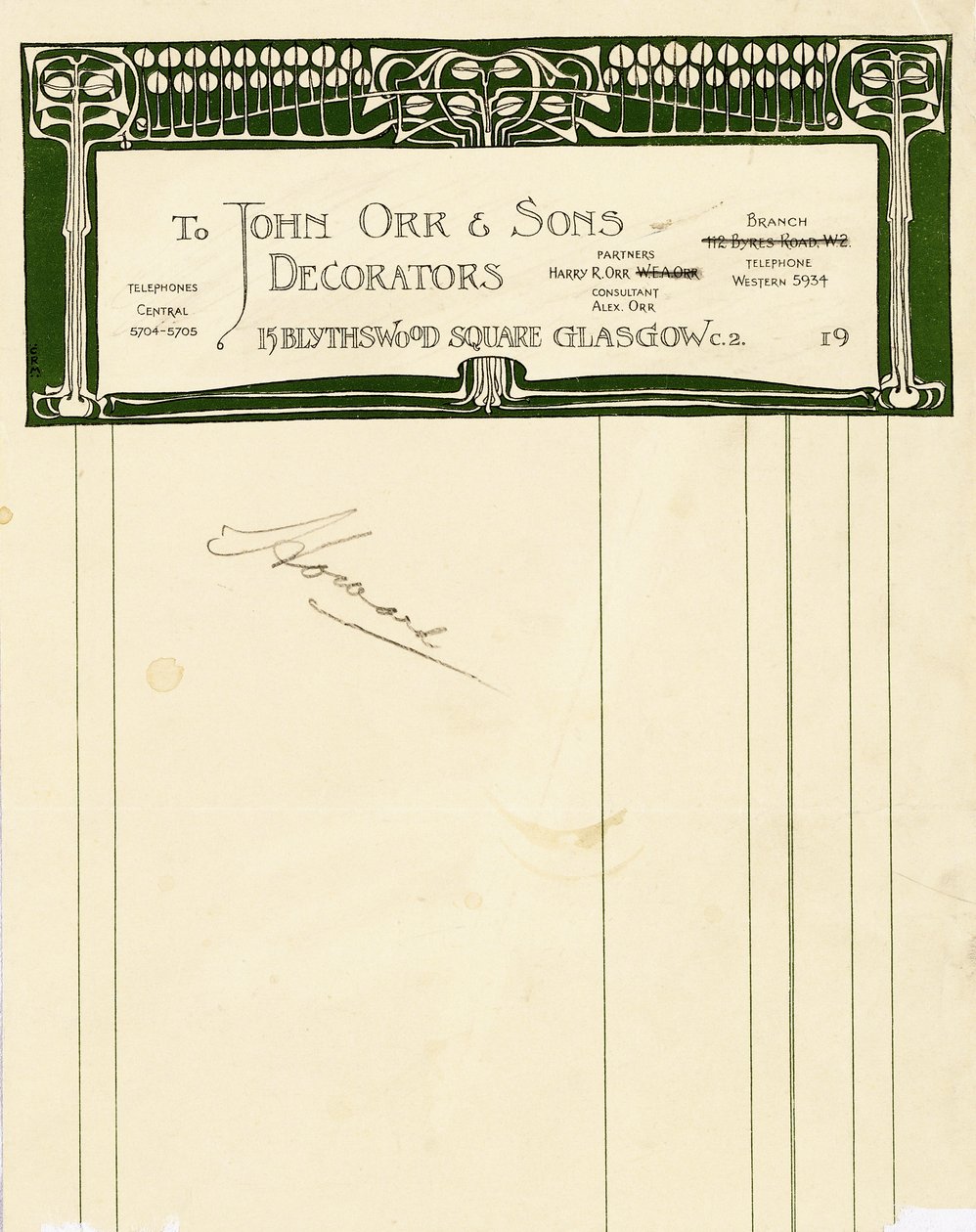 Projekt papeterii dla John Orr & Sons, Glasgow, ok. 1894-1898 (papier drukowany) autorstwa Charles Rennie Mackintosh