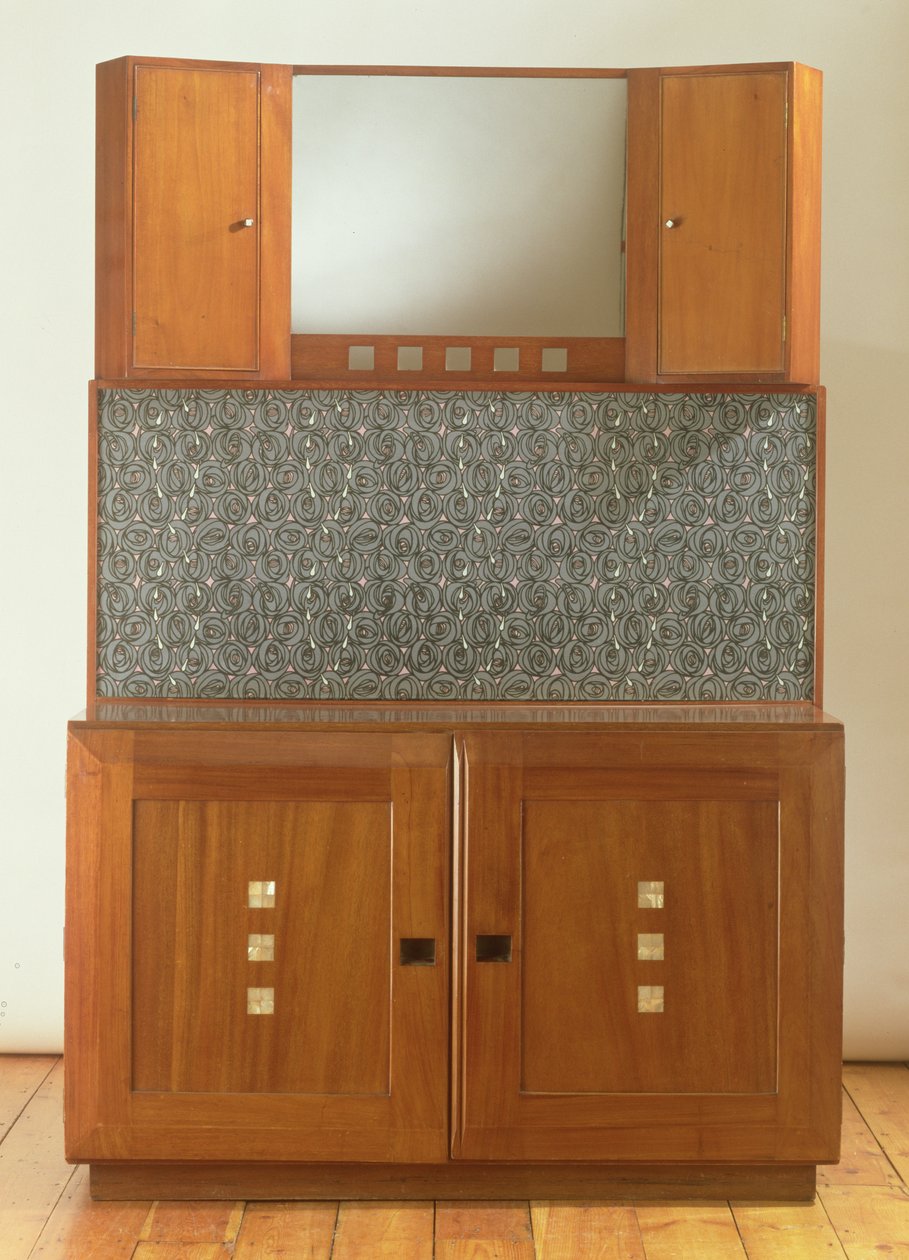 Szafka pod umywalkę, ok. 1917 (mahoń inkrustowany masą perłową i zielonym erynoidem, ze szklaną płytą tylną) autorstwa Charles Rennie Mackintosh