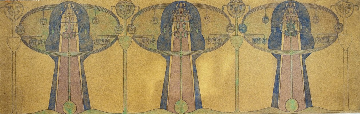 Dekoracyjny fryz stylizowanych postaci ludzkich, form drzew i roślin, ok. 1895 (ołówek i akwarela na szarym papierze artystycznym) autorstwa Charles Rennie Mackintosh