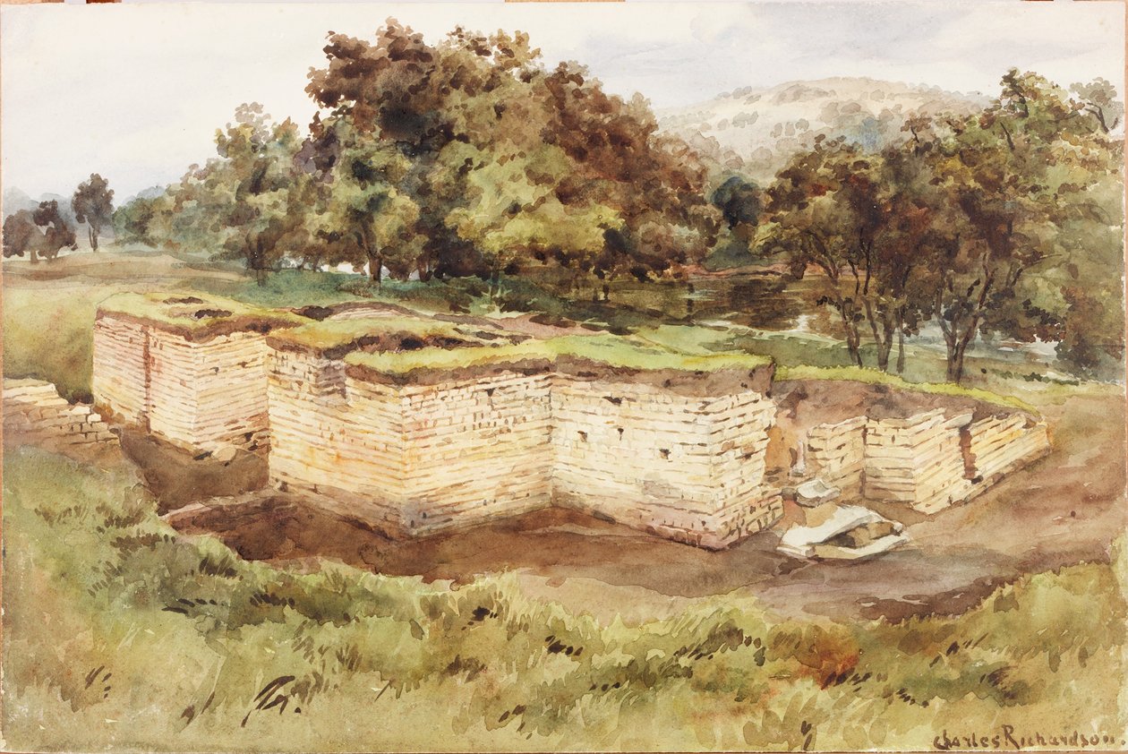 Chesters Bath House z południowego zachodu (kolor nadwozia, ołówek i wc na papierze) autorstwa Charles Richardson
