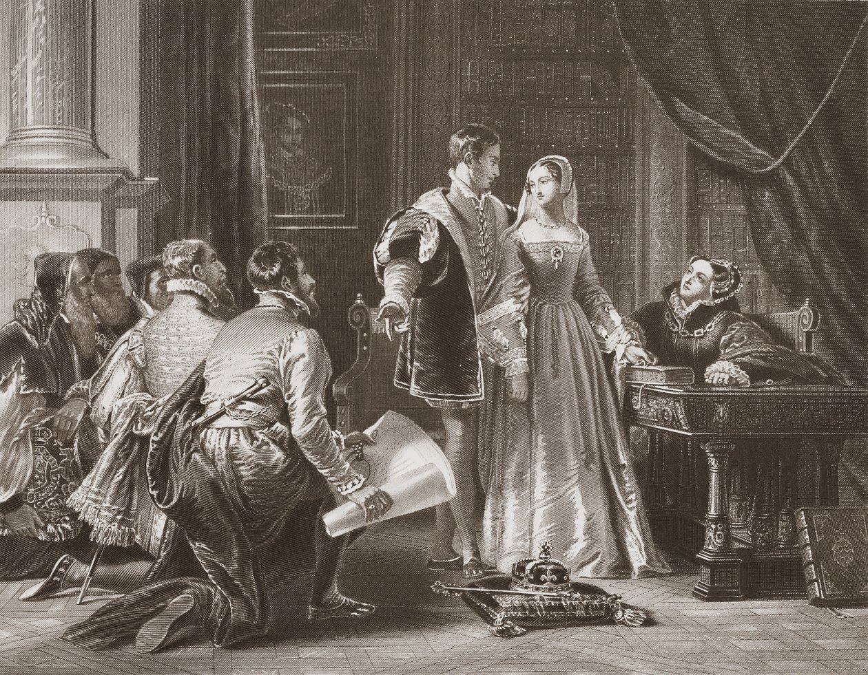 Niechęć Lady Jane Grey do przyjęcia korony, grawerowanej przez AH Payne (lito) autorstwa Charles Robert (after) Leslie