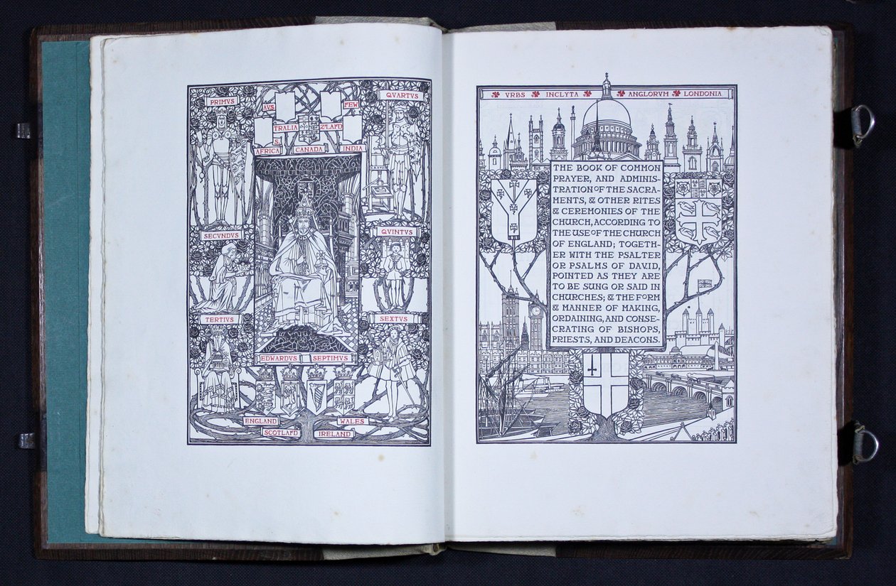 Strona tytułowa i frontispis z „Modlitewnika Edwarda VII”, wydanego przez Essex House Press autorstwa Charles Robert Ashbee