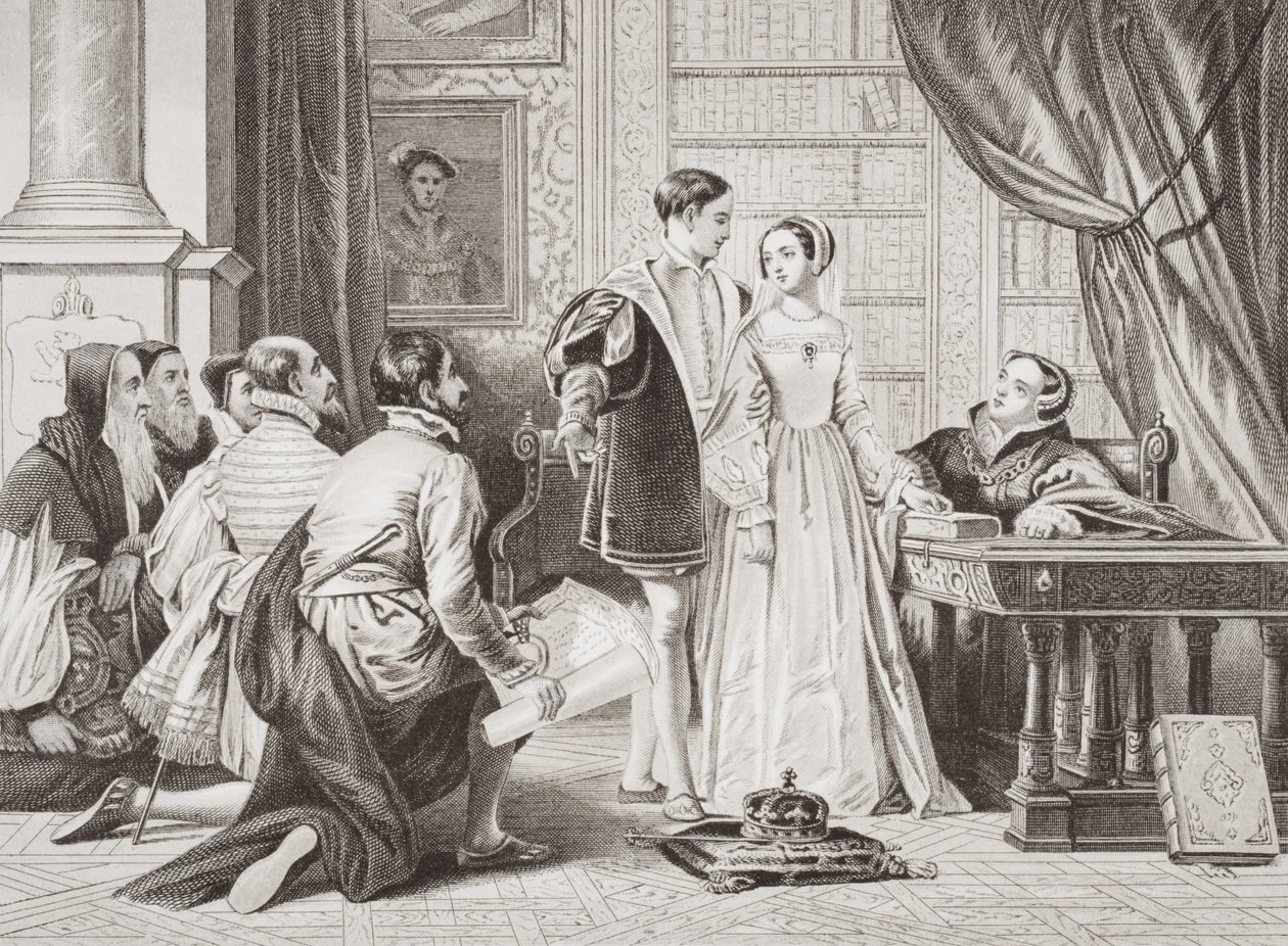 Niechęć Lady Jane Grey do przyjęcia korony, Sion House, 8 lipca 1553, z „Illustrations of English and Scottish History” Tom I autorstwa Charles Robert Leslie