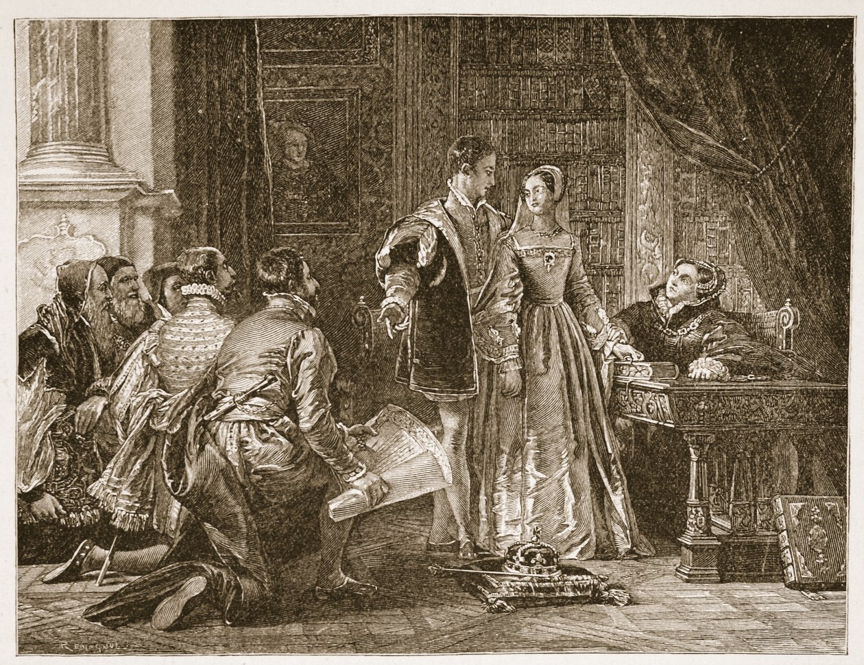 Niechęć lady Jane Grey do przyjęcia korony, Sion House, 8 lipca 1553, ilustracja z „Kościoła anglikańskiego: historia dla ludu” autorstwa H.D.M. Spence-Jones, wyd. ok. 1910 (zdjęcie w sepii) autorstwa Charles Robert Leslie