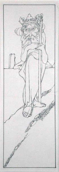 W dłoni trzymał berło, a na czole nosił koronę, ilustracja z „Prawdziwe kroniki krainy bajek – rządy króla Herli”, autorstwa J.M. Denta, opublikowane w 1900 r. (pióro i atrament) autorstwa Charles Robinson