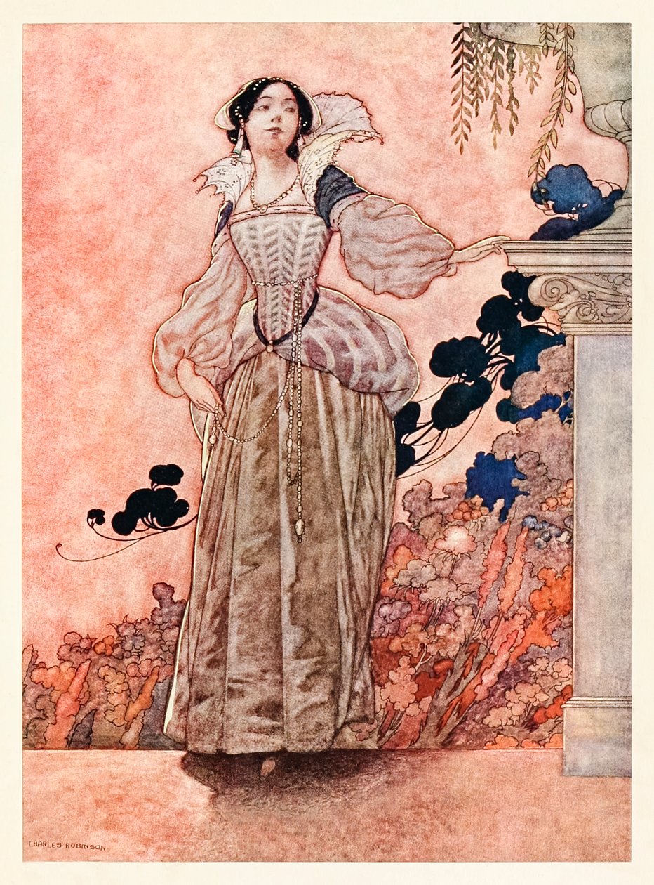 „Brwi mojej pani są kruczoczarne” z „Of His Lady Love” w Pieśniach i sonetach Williama Szekspira autorstwa Charles Robinson
