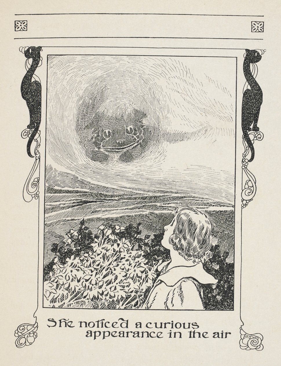 Zauważyła ciekawy wygląd w powietrzu.
Alice i kot z Cheshire. autorstwa Charles Robinson