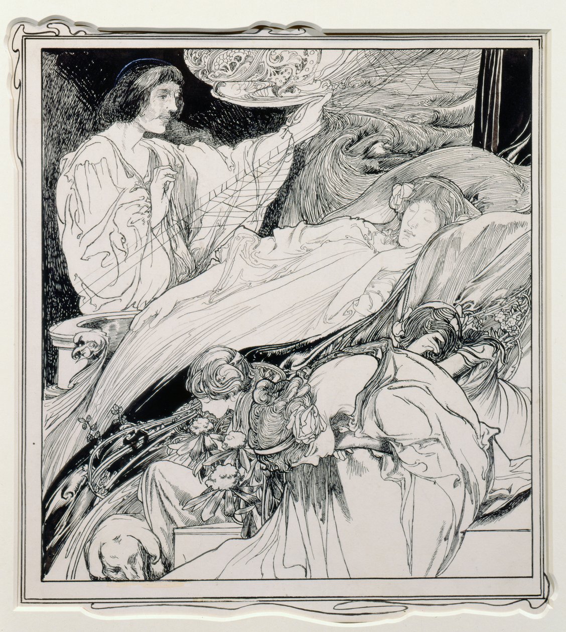Tam leżała, wyglądając tak pięknie, ilustracja z Briar Rose, The True Annals of Fairyland - The Reign of King Herla, wyd. przez J.M. Dent & Co. Ltd., 1900 autorstwa Charles Robinson