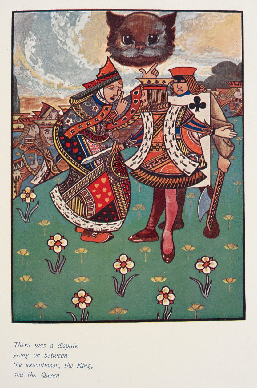 Trwał spór między katem, królem i królową.
Kot z Cheshire przyglądał się temu. autorstwa Charles Robinson