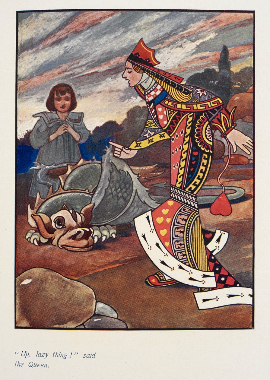 "W górę leniuchu!" powiedziała królowa.
Alicja i czerwona królowa kier. autorstwa Charles Robinson
