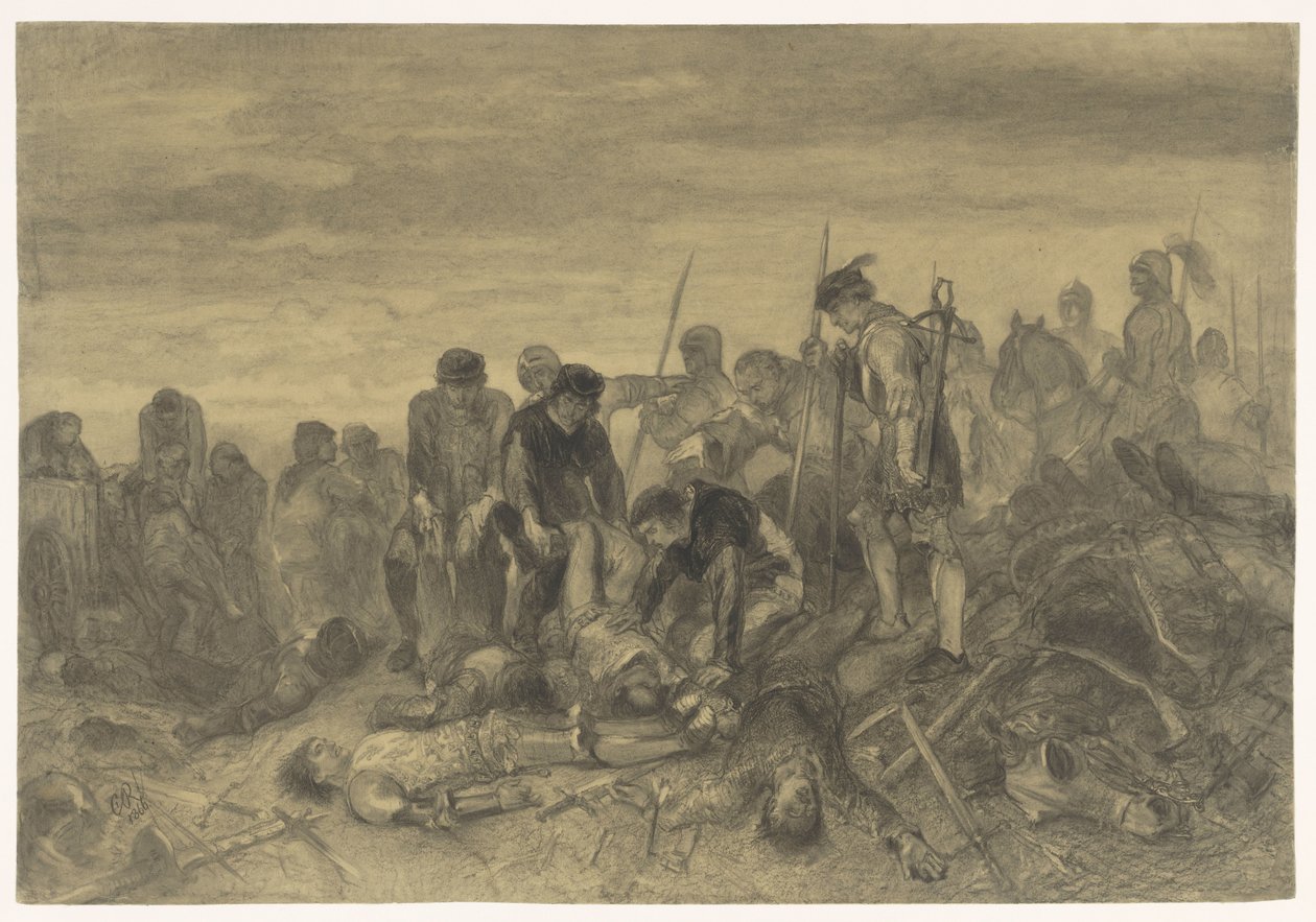 Ciało Ryszarda III, króla Anglii, znalezione na polu bitwy pod Bosworth, 1485 autorstwa Charles Rochussen