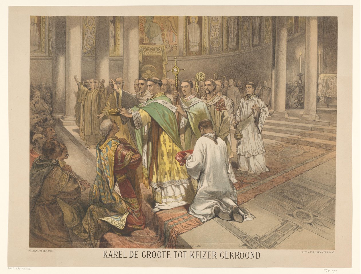 Karol Wielki koronowany na cesarza Karol Wielki koronowany na cesarza (tytuł na obiekcie) Seria dwudziestu czterech krajowych tablic historycznych, dla szkoły i domu (tytuł serii) autorstwa Charles Rochussen