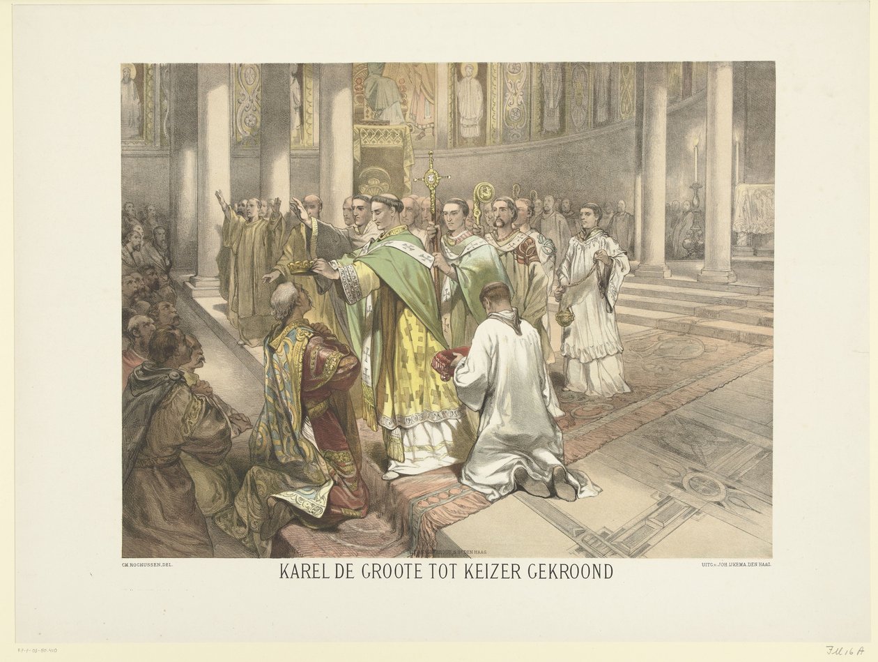 Karol Wielki koronowany na cesarza, 800 Karol Wielki koronowany na cesarza (tytuł na obiekcie) Seria 24 holenderskich tablic historycznych dla szkoły i domu (tytuł serii) autorstwa Charles Rochussen