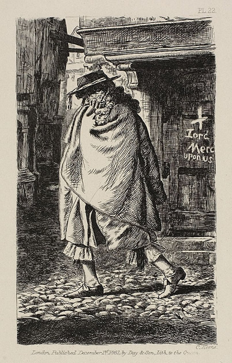 Zamaskowana postać przechodząca przez ulicę (w czasie zarazy w Londynie) autorstwa Charles Samuel Keene