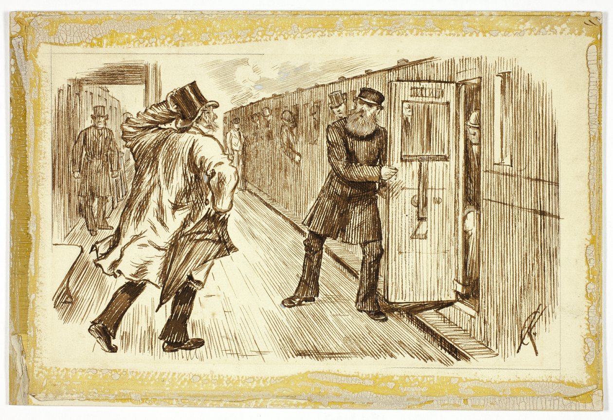 Człowiek łapiący pociąg autorstwa Charles Samuel Keene