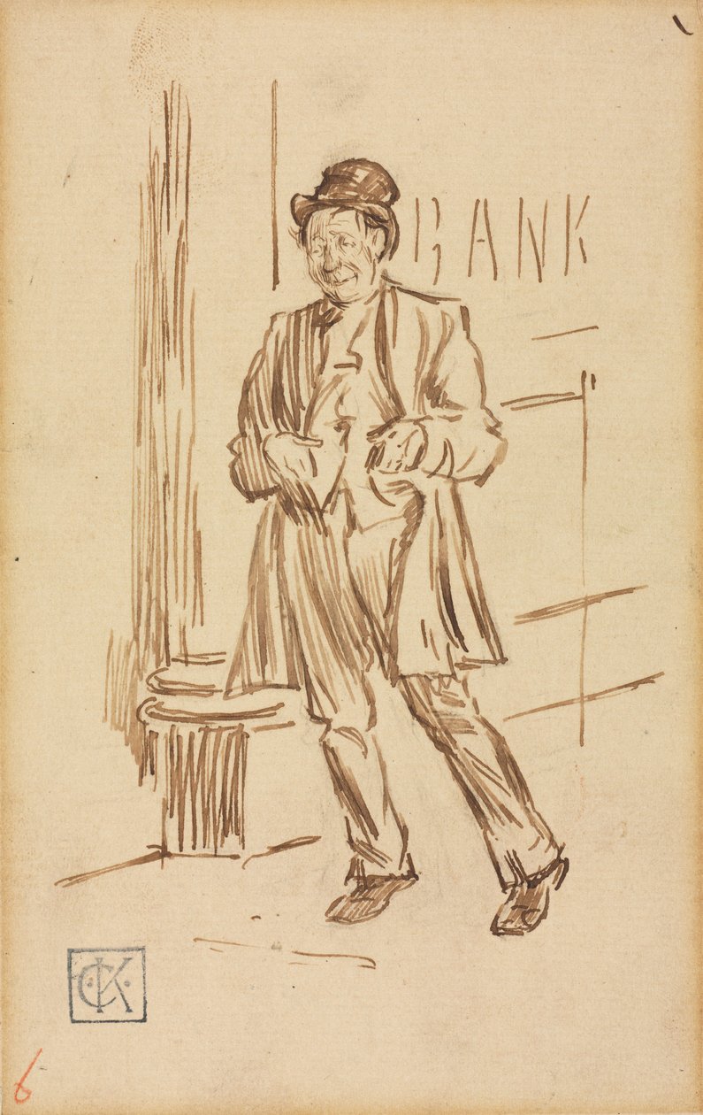 Studium pijanego mężczyzny przechodzącego obok banku. autorstwa Charles Samuel Keene
