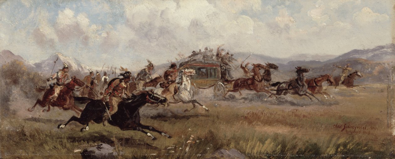 Sioux atakuje dyliżans, 1909 autorstwa Charles Schreyvogel