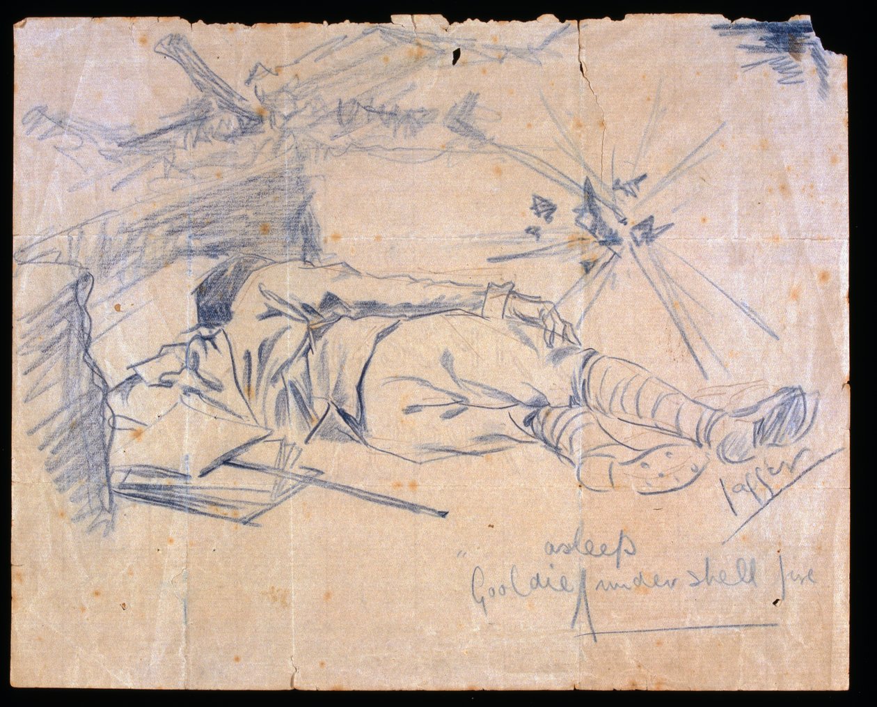 Porucznik Leslie Gooldie śpi pod ostrzałem pocisków, 1915 autorstwa Charles Sergeant Jagger