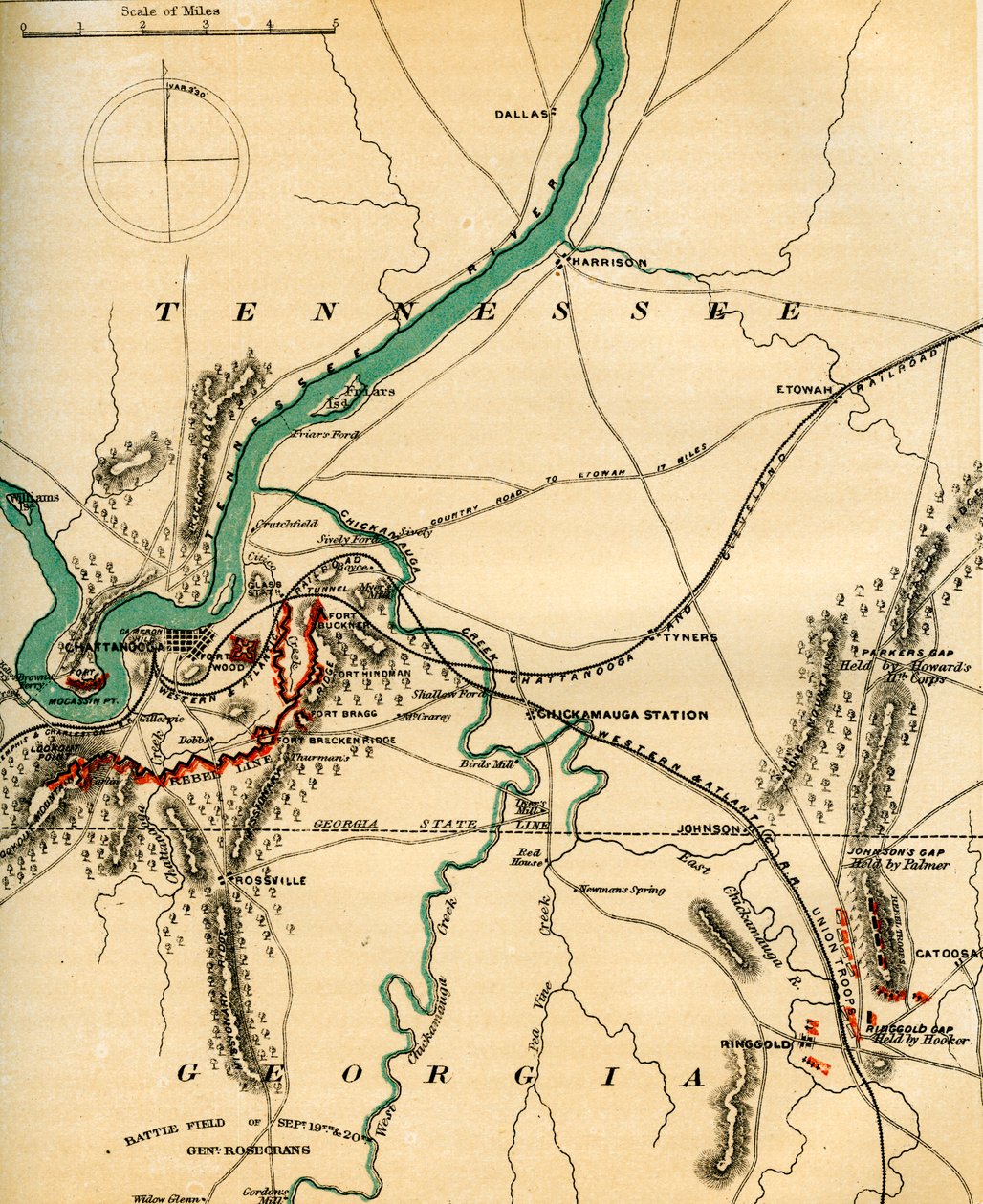 Mapa Chattanooga i jej obron, Tennessee, 1862-1867. autorstwa Charles Sholl