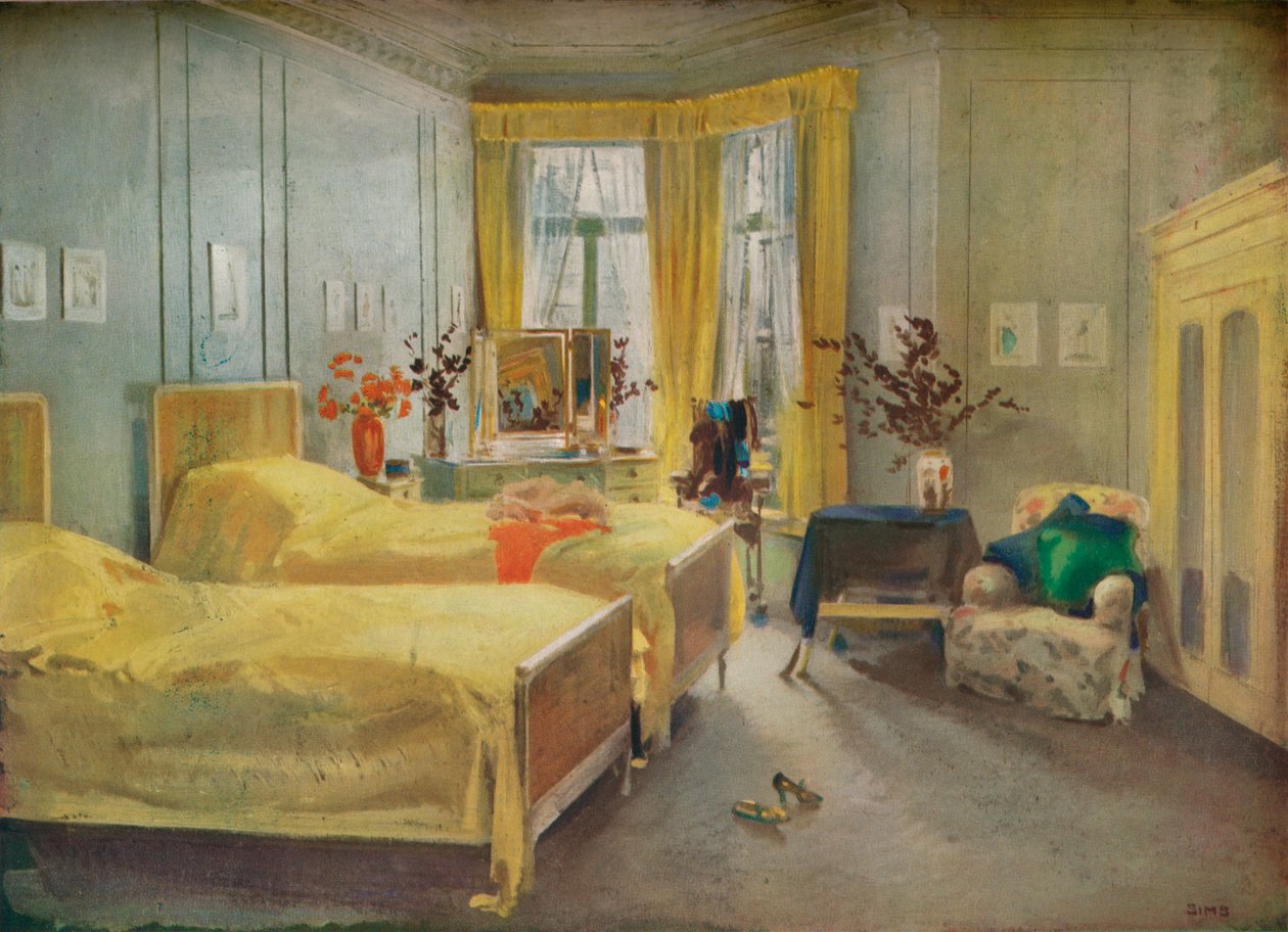 Scena wewnętrzna: sypialnia zaprojektowana przez Mme. Gloria Silva w hotelu Metropole, Londyn, 1922 r. autorstwa Charles Sims