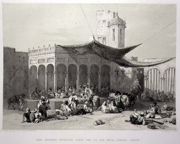 Panjab: Sikh Soldiers otrzymujący wynagrodzenie w Royal Durbar, Lahore, płyta 12 z „Recollections of India”, grawerowana przez Jamesa Duffielda Hardinga (1798-1863) 1847 (lito) autorstwa Charles Stewart (after) Hardinge