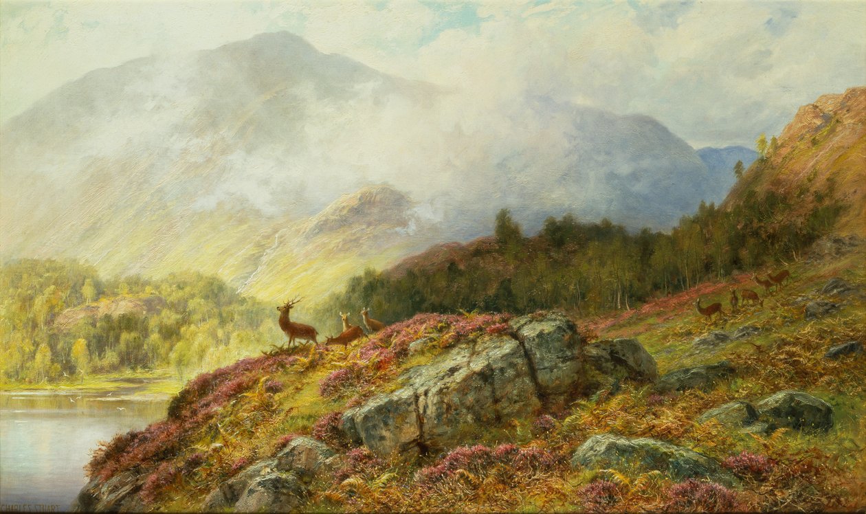 Jeleń w góralskim krajobrazie (olej na płótnie) autorstwa Charles Stuart