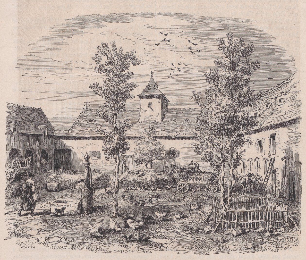 Widok wnętrza gospodarstwa, z Le Magasin Pittoresque, ca. 1852. autorstwa Charles Tamisier