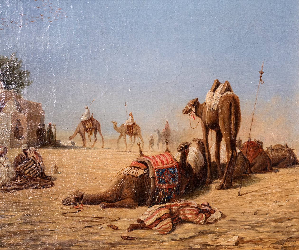 La halte des chameliers au caravanserail (olej na płótnie) autorstwa Charles Theodore (1814-88) Frere