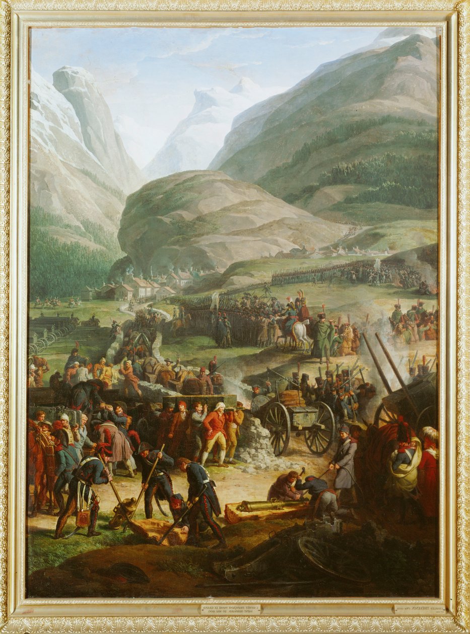 Francuska armia przekraczająca przełęcz Świętego Bernarda
w pobliżu miasta St. Pierre ... autorstwa Charles Thevenin