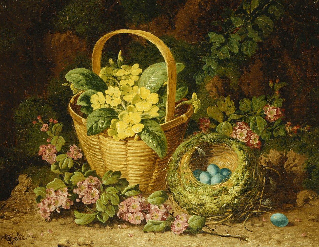 Pierwiosnki w koszu, japonica i ptasie gniazdo, autorstwa Charles Thomas Bale