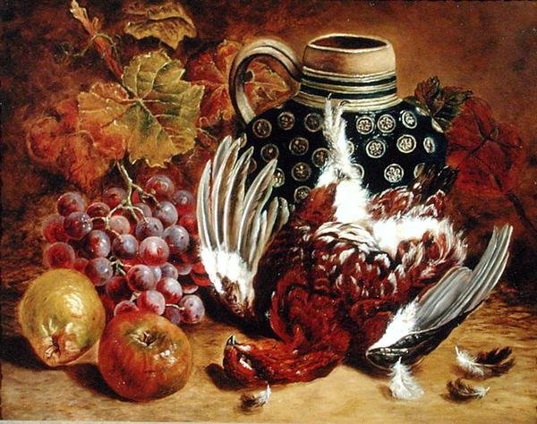 Martwa natura z winogron, jabłek, cietrzewia i niebieskiego dzbanka (olej na płótnie) autorstwa Charles Thomas Bale