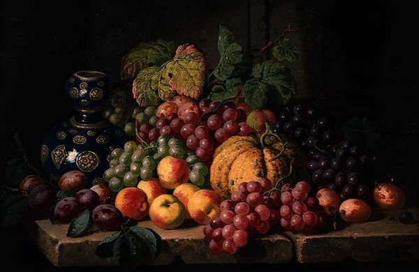 Martwa natura z owocami i niebieską wazą (olej na płótnie) autorstwa Charles Thomas Bale