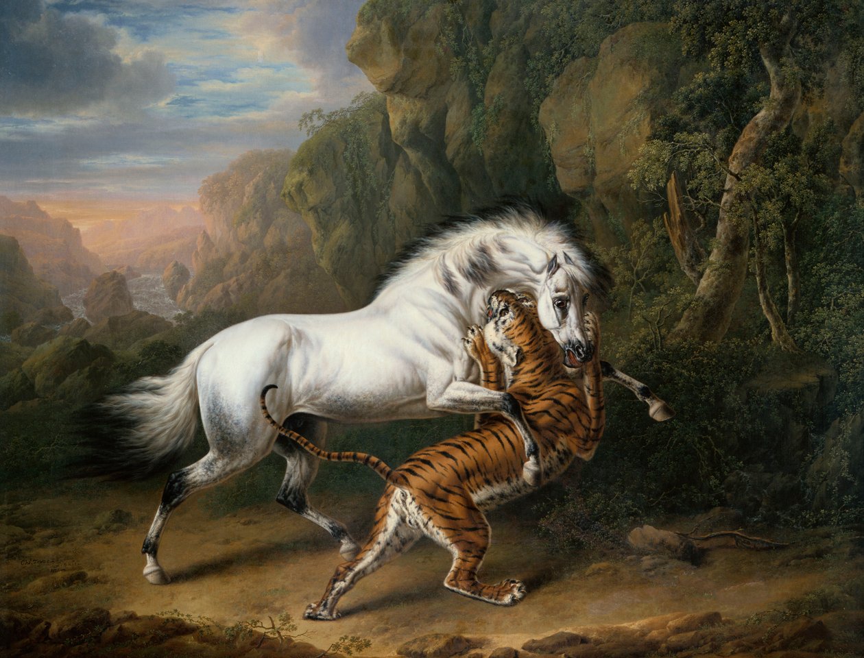 Tygrys atakujący arabskiego ogiera, 1824 autorstwa Charles Towne
