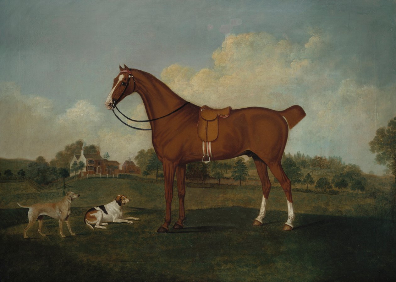 Gniady myśliwy z dwoma psami w krajobrazie, za nim rezydencja, 1779 autorstwa Charles Towne