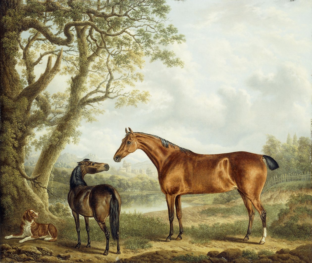 Myśliwi i spaniel w rozległym krajobrazie, 1827 autorstwa Charles Towne