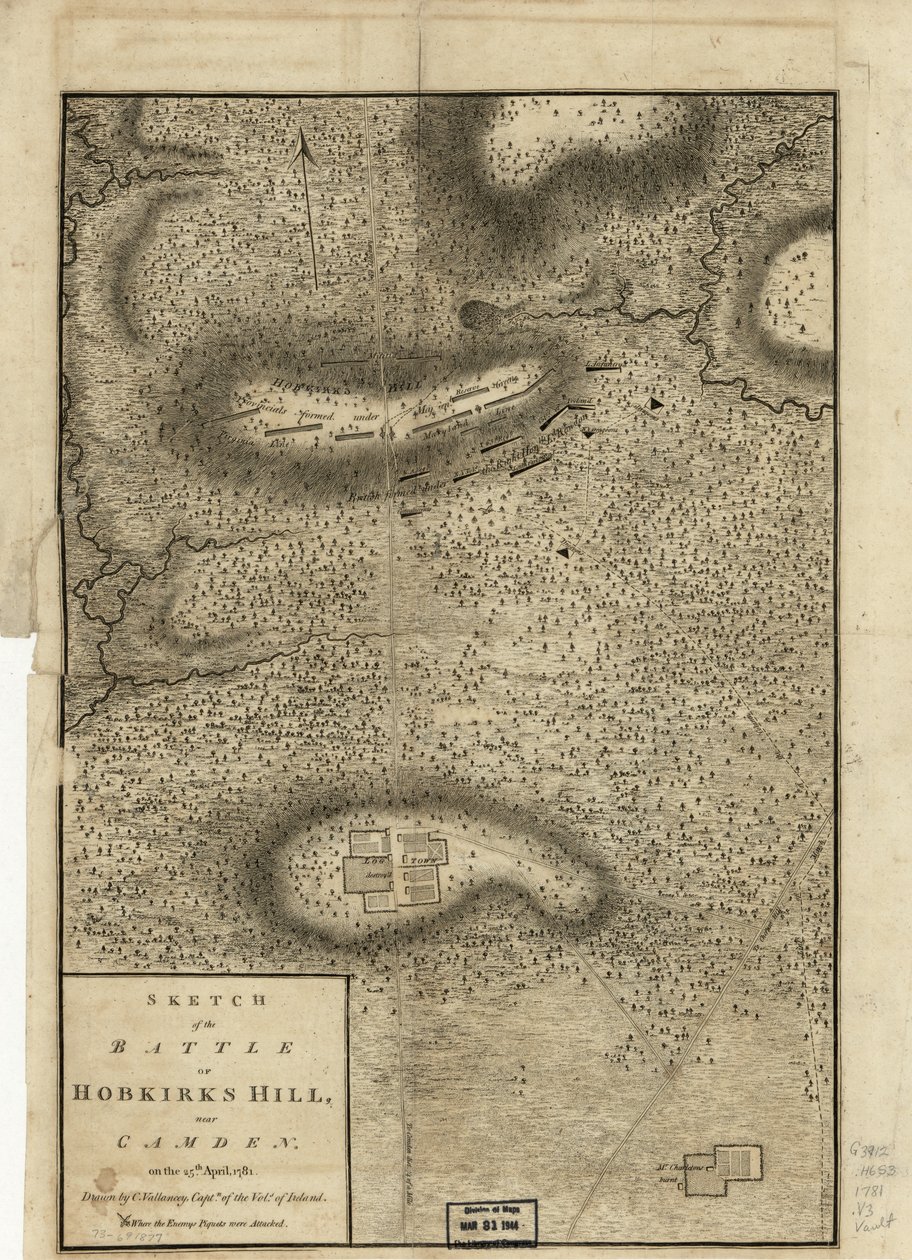 Szkic bitwy pod Hobkirks Hill, niedaleko Camden, 25 kwietnia 1781, opublikowany w Londynie, 1794 autorstwa Charles Vallancey