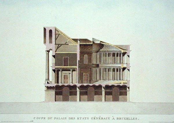 Przekrój Palais des Etats Generaux, Bruksela, z „Wybór najbardziej niezwykłych zabytków, budynków i domów Królestwa Niderlandów” Pierre Jacques Goetghebuer, opublikowany 1827 (akwatinta) (patrz także 189230) autorstwa Charles Vander Straeten