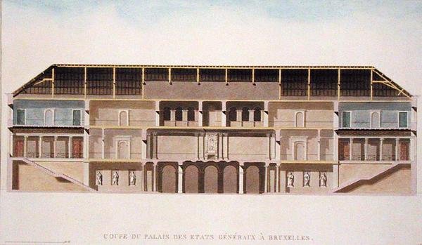 Przekrój Palais des Etats Generaux, Bruksela, z „Wybór najbardziej niezwykłych zabytków, budynków i domów Królestwa Niderlandów” Pierre