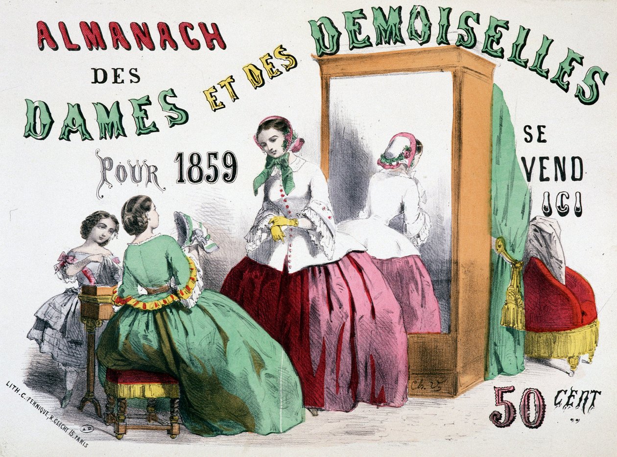 Plakat reklamowy Almanachu Dam i Dam na rok 1859 (młode dziewczyny gadające szmaty przed lodziarnią), 50 centów autorstwa Charles Vernier