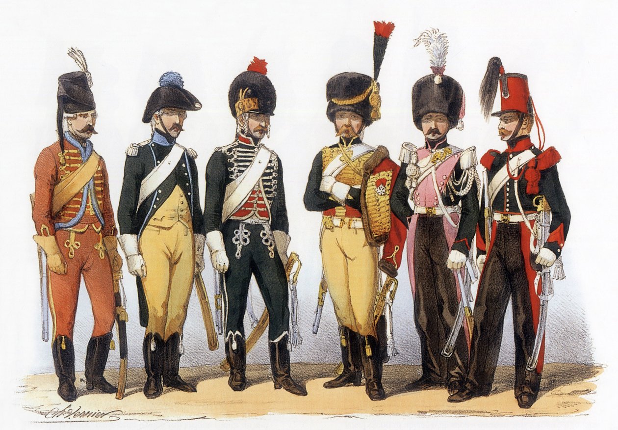 Kostiumy armii francuskiej: Ułanów g-d: 1745 plik myśliwy (za Ludwika XV); 1785 pod rządami Ludwika XVI; republika 1794; 1810 gwardia imperialna (1. imperium); 1824 gwardia królewska (przywrócenie); 1840, rysunek Charlesa Verniera (1831-1887). autorstwa Charles Vernier