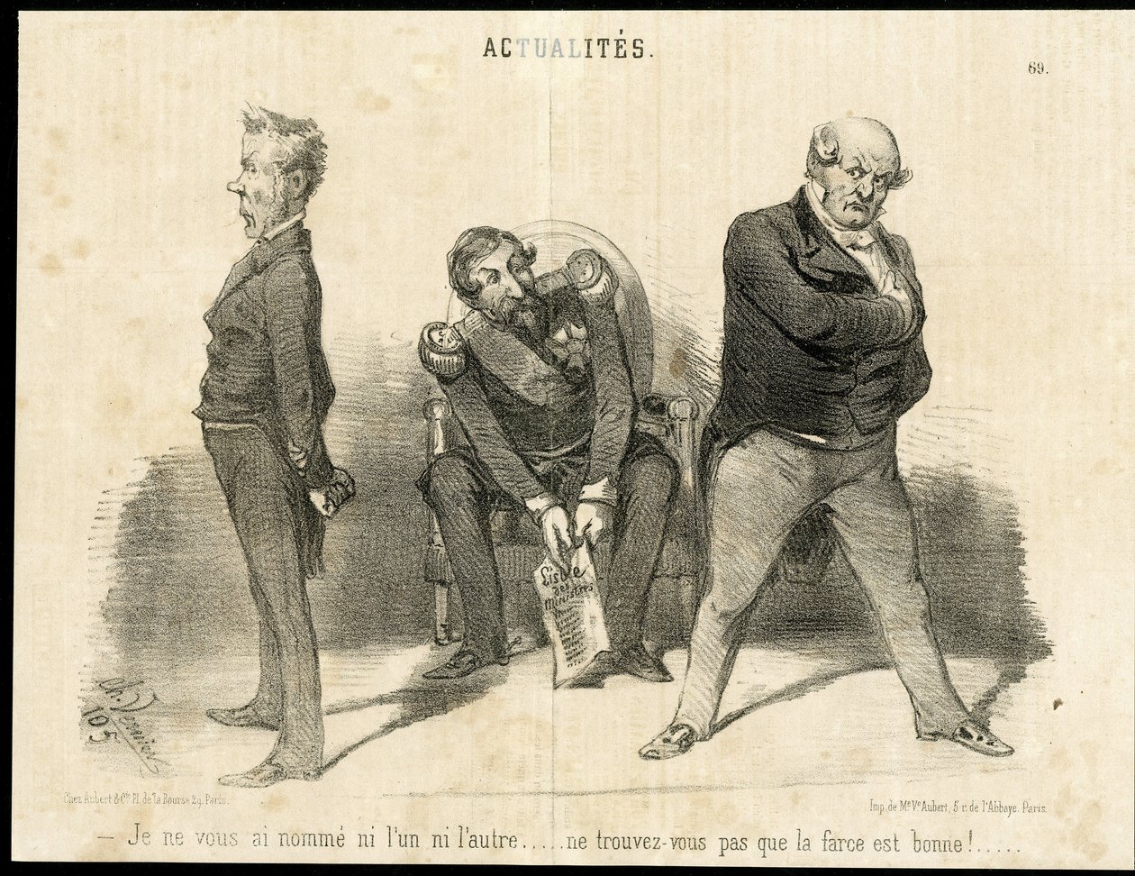 Ilustracja Charlesa Verniera (?-1887) w Le Charivari - Prezydent Republiki, Ministere, Fotel (symbol władzy) - Napoleon III, Barrot Odilon (1791-1873), Minister, Faucher Leon (1803-1854) autorstwa Charles Vernier
