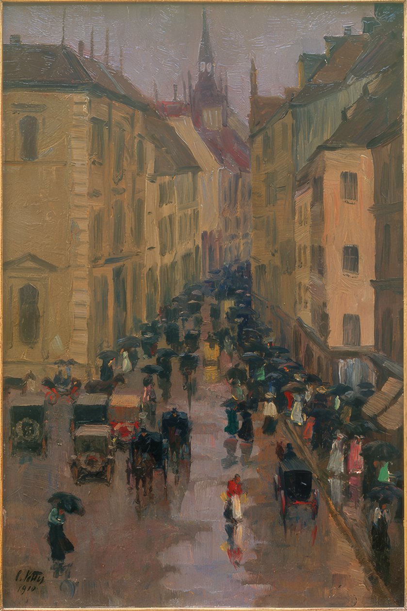 Dienerstrasse w Monachium, w tle wieża św. Piotra autorstwa Charles Vetter