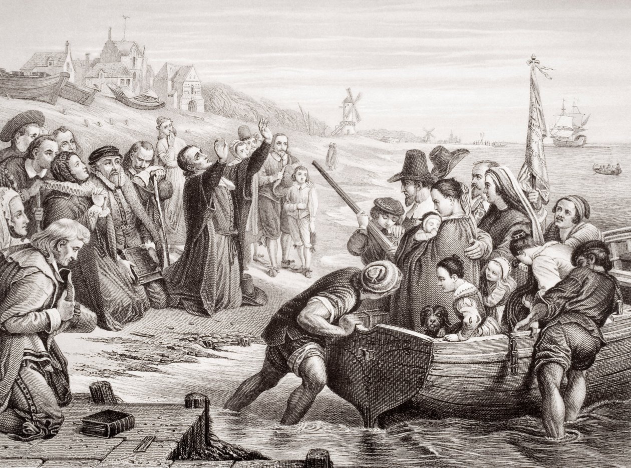 Wyjazd Ojców Pielgrzymów z Delft Haven w lipcu 1620 r. z „Illustrations of English and Scottish History” Tom I (rycina) autorstwa Charles West Cope